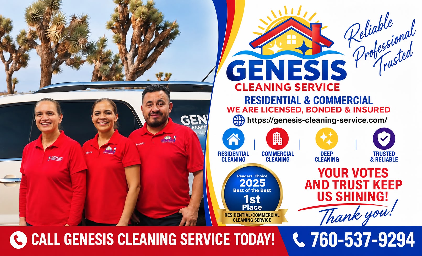 The Genesis Cleaning Service team in front of their company vehicle — residential and commercial cleaning, licensed, bonded and insured, Readers' Choice 2025 Best of the Best 1st place