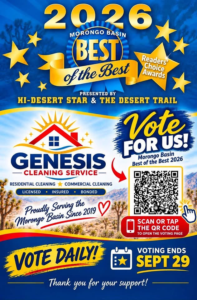 2026 Morongo Basin Best of the Best voting flyer — Vote for Genesis Cleaning Service, voting ends September 29